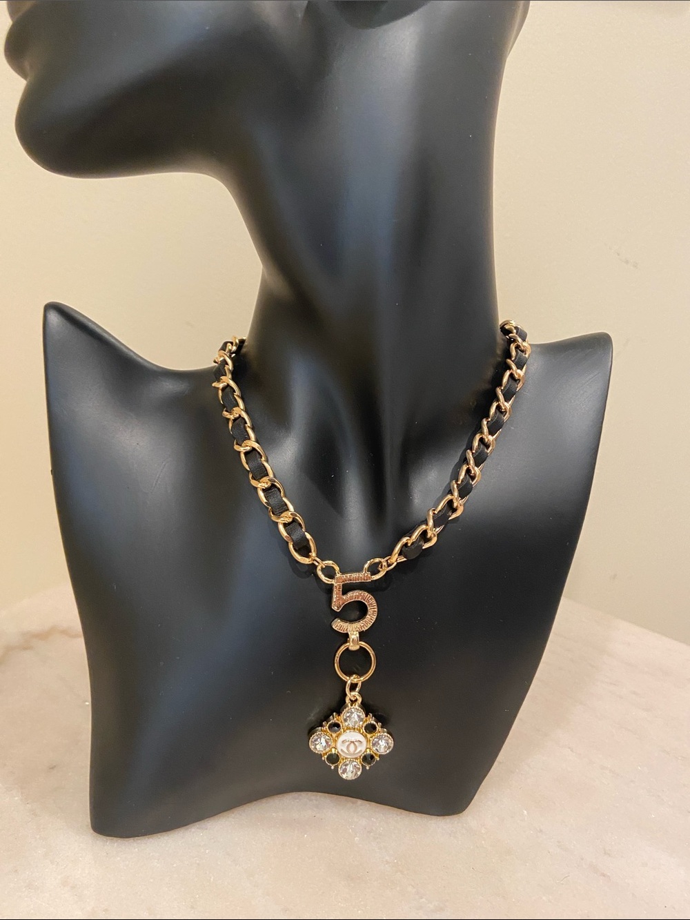 Black Gold-Tone Linkchain Necklace  And Chanel CC  Crystal Fleur Pendant